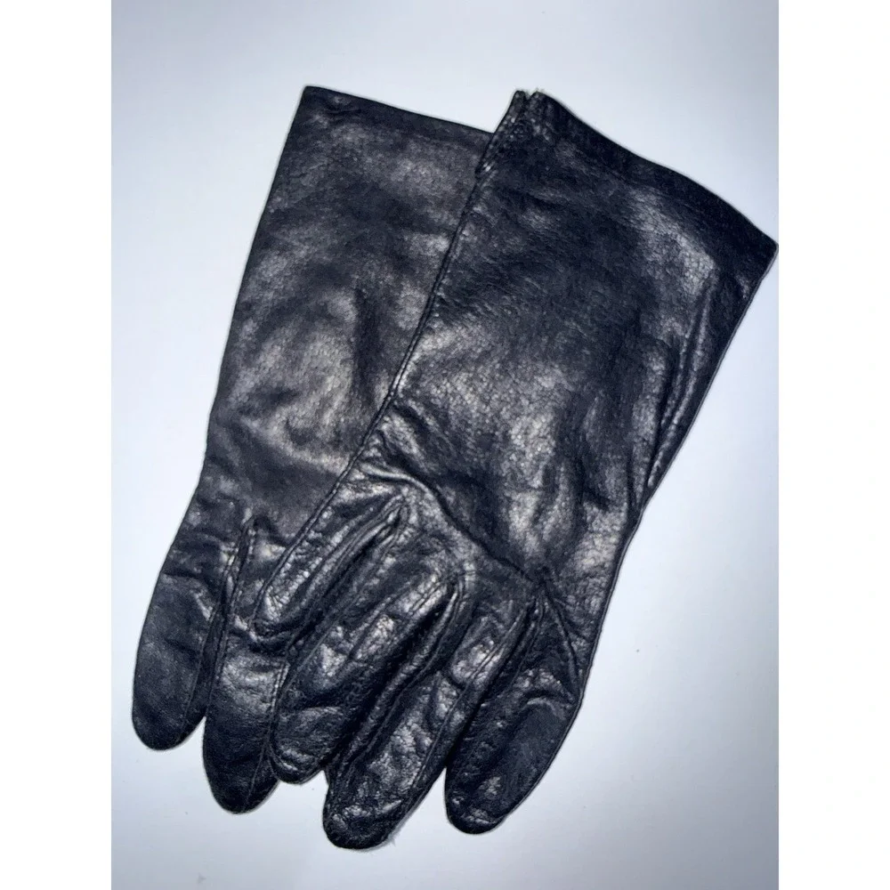FOWNES Long Vtg Black Leather‎ Soft Gloves Womens Sz 7.5 G